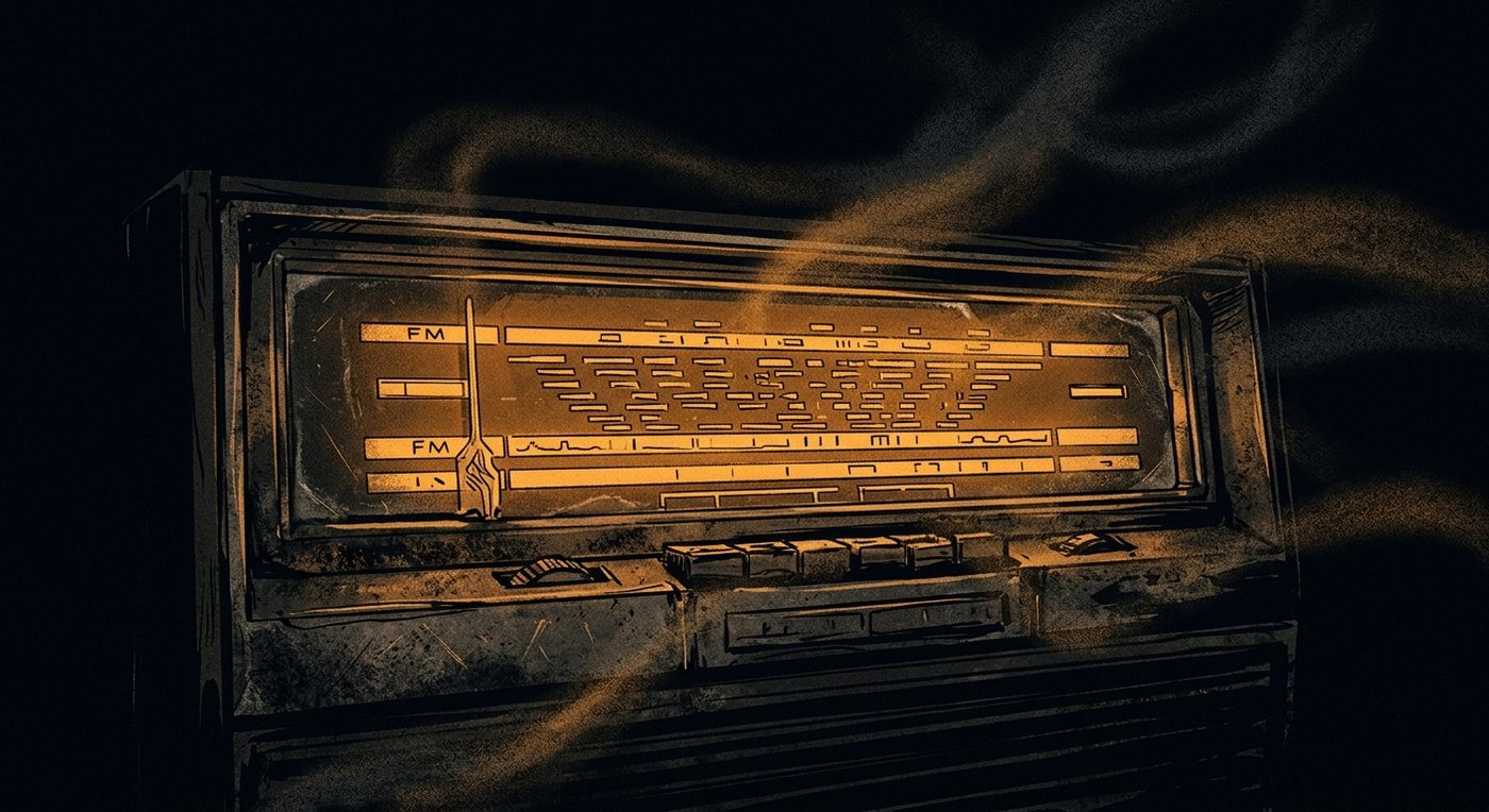 A vintage analogue receiver glowing amber in a dark room, its needle resting at the low end of the FM band, broadcast haze drifting across the dial.